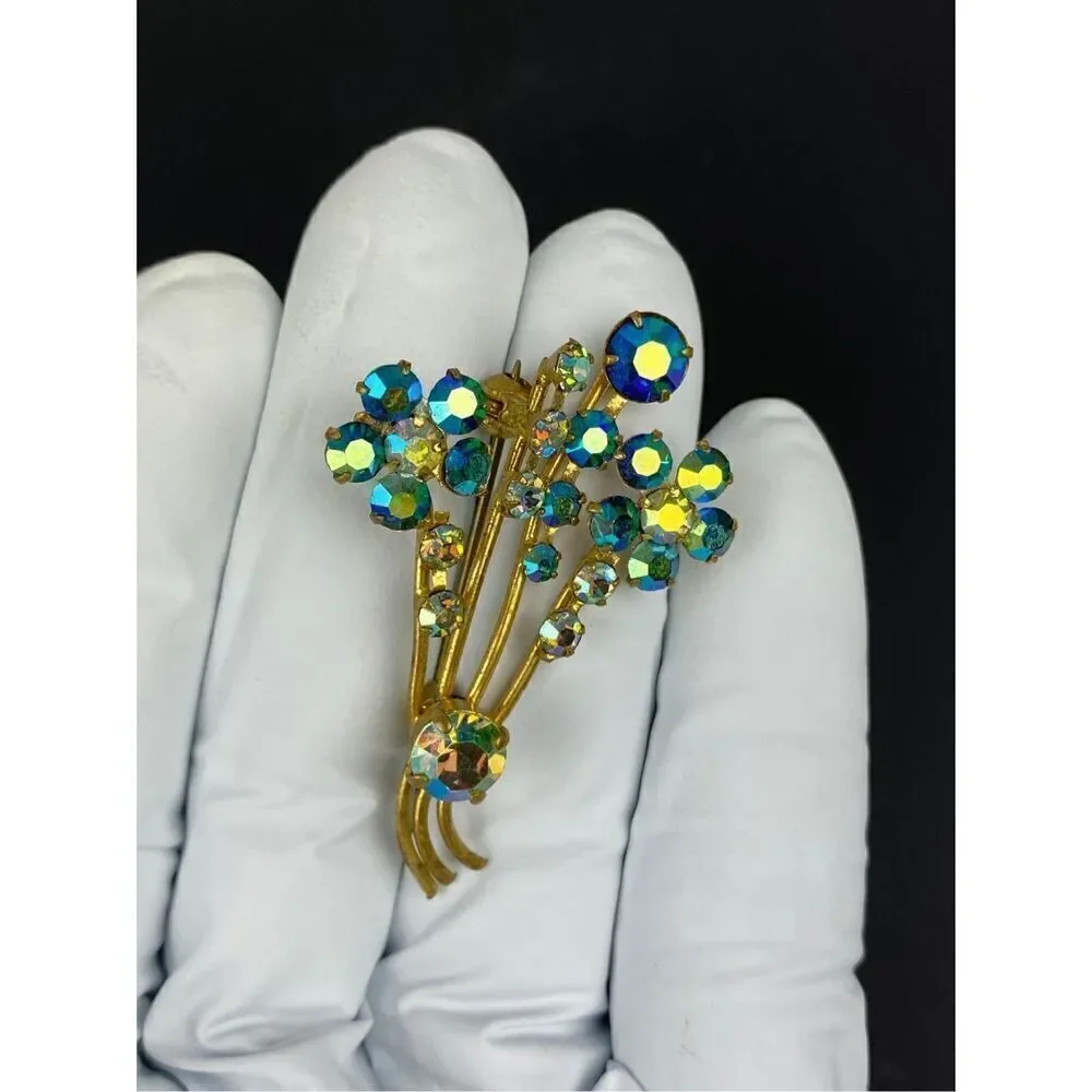 Vintage Gold Tone Blue Aurora Borealis Rhinestone Spray Flower Bouquet Brooch DT